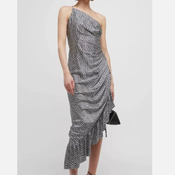 Cinq a Sept Christel One Shoulder Asymmetrical Ruffle Hem Silk Midi Dress Size 2 - Picture 1 of 12